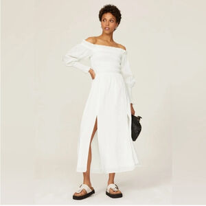 All Saints Lary Silk Blend Off Shoulder Balloon Sleeve Boho Midi Dress